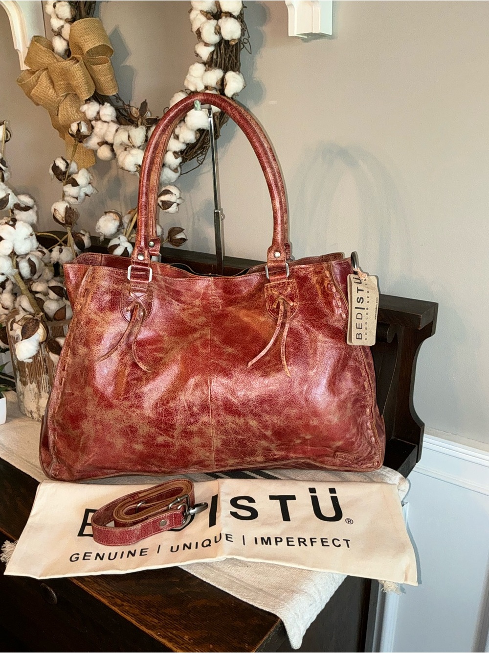 NWT Bed Stu Leather Rockaway Shoulder Crossbody Bag Tote Cherry Red Lacquer $345 - Picture 1 of 16